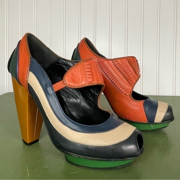 Kron by Kronkron Platform Multi Color Patchwork Peep Toe Mary Jane Heels *Spain* - Picture 1 of 14